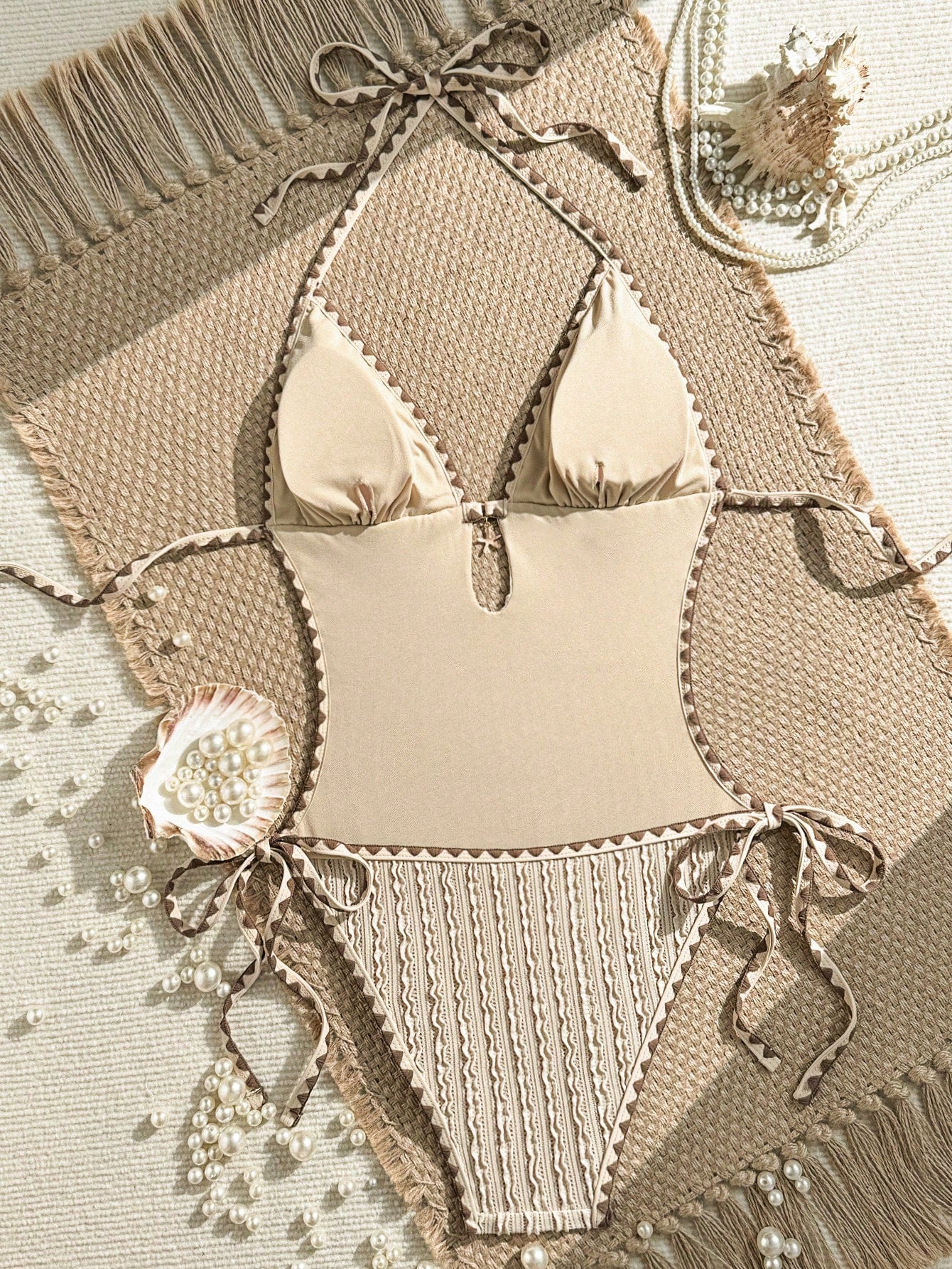 Vaytide 2026 New Spring/Summer Women's Vintage Maillard Brown Textured One-Piece Swimsuit, Triangle Halter Neck Design With Hollow Chest And Metal Pendant, Adjustable Side Ties, Wavy Textured Fabric