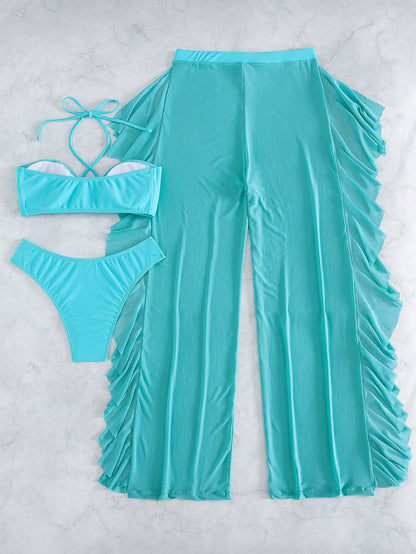 Vaytide 3pcs Set: Blue Halter Tie Back Top, Triangle Bottoms, Ruffle Trim Mesh Beach Pants, Sexy Casual Holiday Party Swimwear Beachwear For Women
