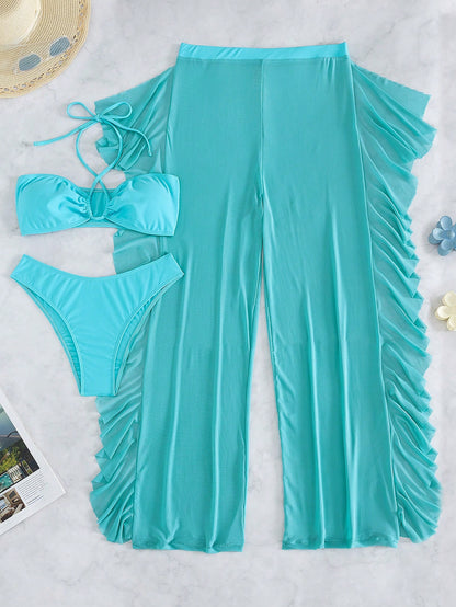 Vaytide 3pcs Set: Blue Halter Tie Back Top, Triangle Bottoms, Ruffle Trim Mesh Beach Pants, Sexy Casual Holiday Party Swimwear Beachwear For Women
