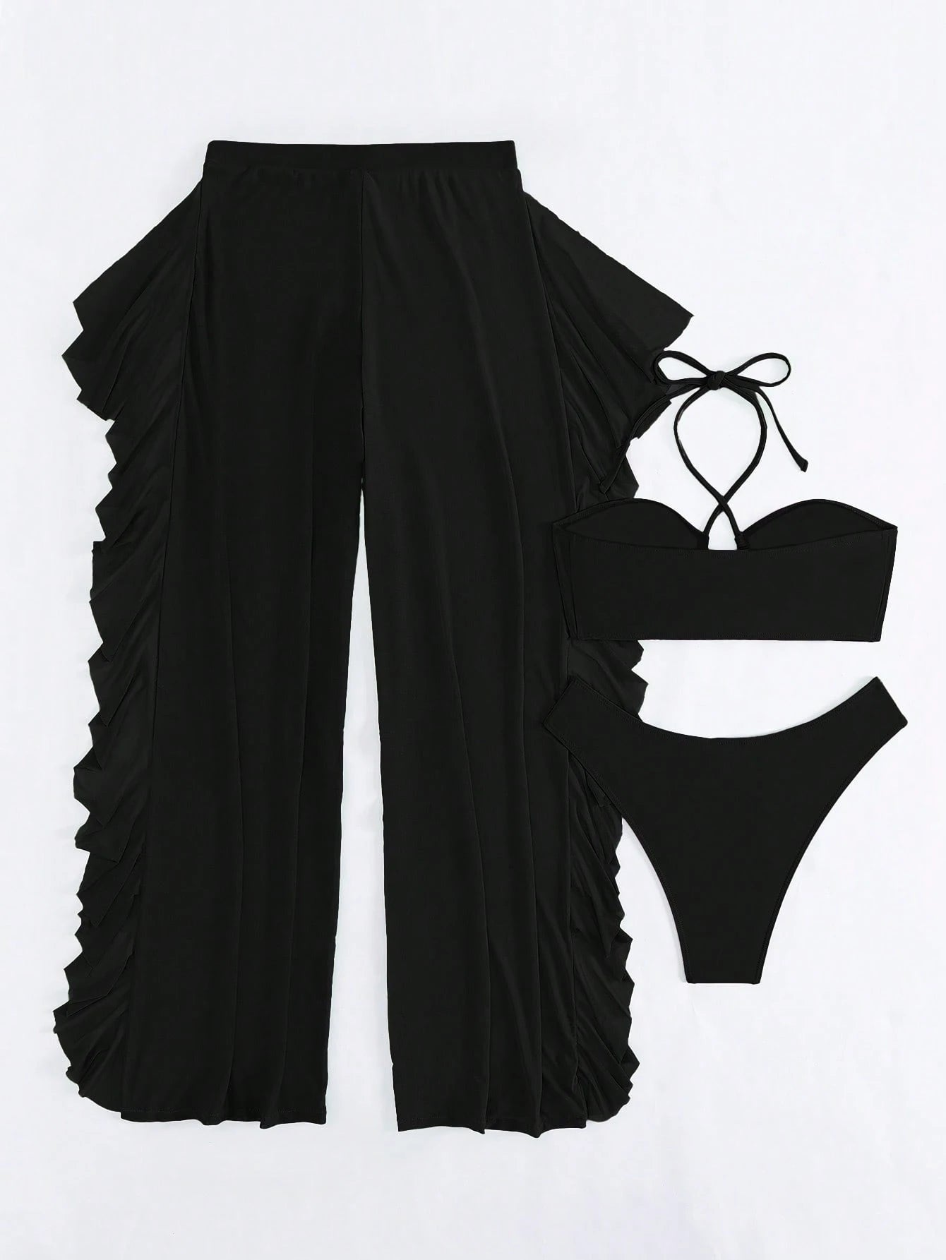 Vaytide 3pcs Set: Blue Halter Tie Back Top, Triangle Bottoms, Ruffle Trim Mesh Beach Pants, Sexy Casual Holiday Party Swimwear Beachwear For Women