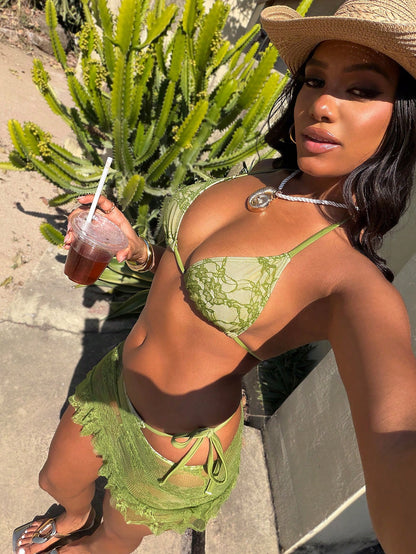 Vaytide Women's 3pcs/Set Olive Green Tropical Lace Flounced Mini Skirt,Double Triangle Cup Tanga Bikini Swimsuit,Summer,Casual,Beach,Holiday,Vacation,Holiday