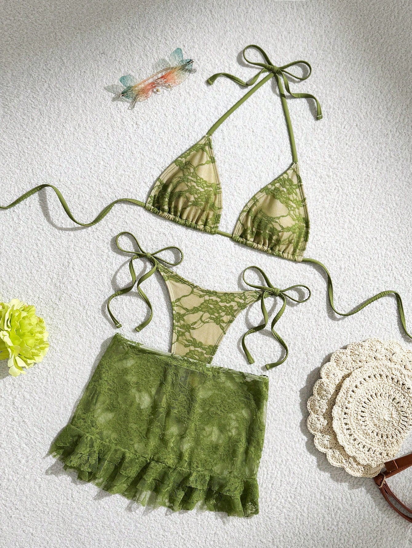 Vaytide Women's 3pcs/Set Olive Green Tropical Lace Flounced Mini Skirt,Double Triangle Cup Tanga Bikini Swimsuit,Summer,Casual,Beach,Holiday,Vacation,Holiday