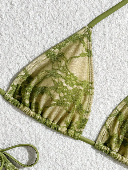 Vaytide Women's 3pcs/Set Olive Green Tropical Lace Flounced Mini Skirt,Double Triangle Cup Tanga Bikini Swimsuit,Summer,Casual,Beach,Holiday,Vacation,Holiday