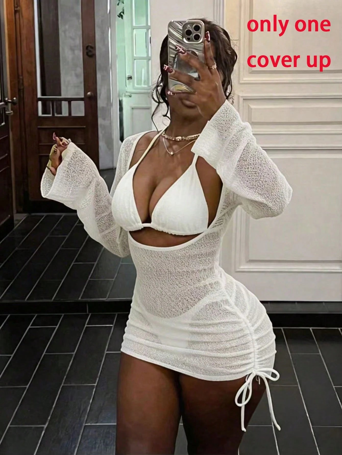 Vaytide Women Summer New White Casual Beach Holiday Party Vacation Solid Textured High Stretch Hollow Out Bodycon Dress One-Piece Swimsuit Cover Up
