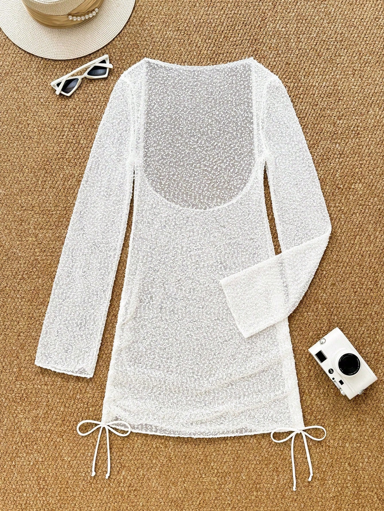 Vaytide Women Summer New White Casual Beach Holiday Party Vacation Solid Textured High Stretch Hollow Out Bodycon Dress One-Piece Swimsuit Cover Up