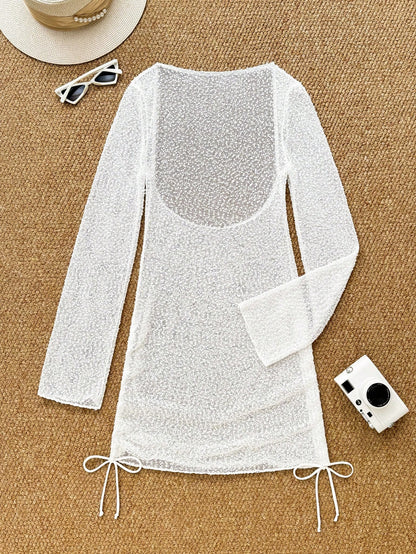 Vaytide Women Summer New White Casual Beach Holiday Party Vacation Solid Textured High Stretch Hollow Out Bodycon Dress One-Piece Swimsuit Cover Up