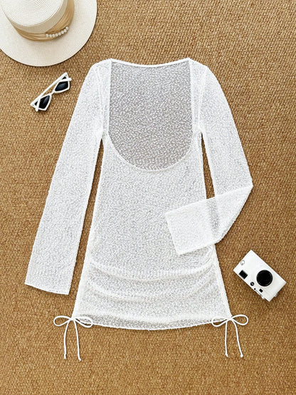 Vaytide Women Summer New White Casual Beach Holiday Party Vacation Solid Textured High Stretch Hollow Out Bodycon Dress One-Piece Swimsuit Cover Up