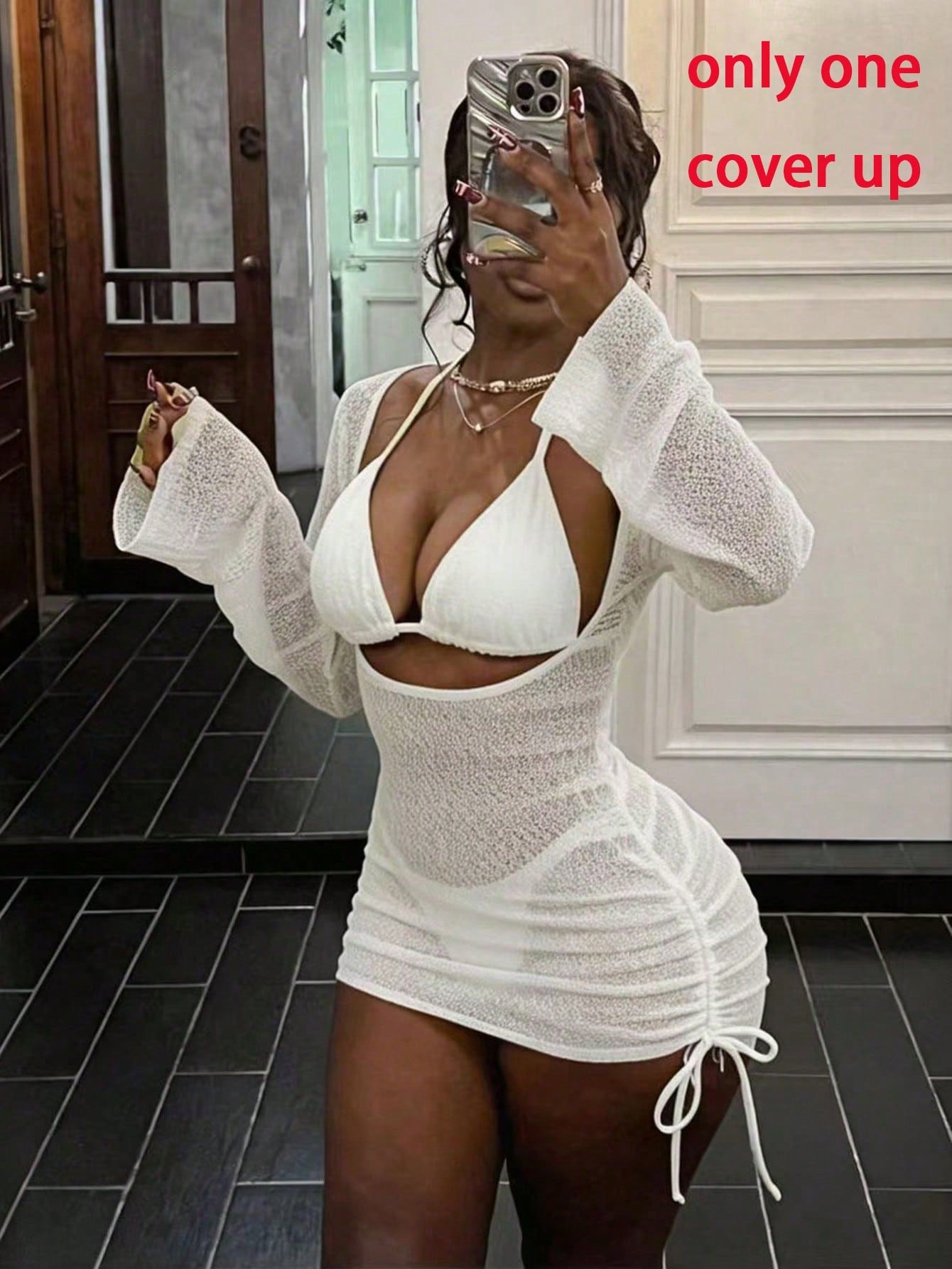 Vaytide Women Summer New White Casual Beach Holiday Party Vacation Solid Textured High Stretch Hollow Out Bodycon Dress One-Piece Swimsuit Cover Up