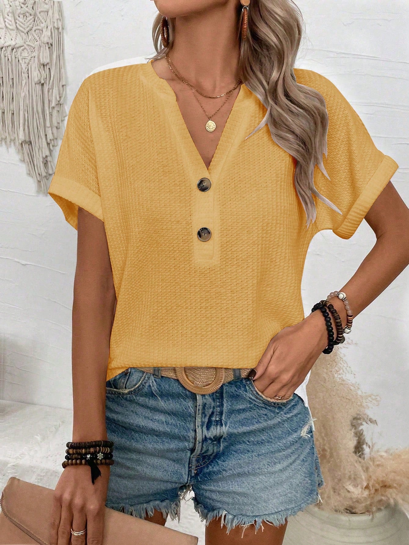VCAY CURVE New Plus Size Women Casual Loose V-Neck Button Short Sleeve T-Shirt