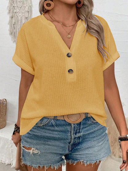 VCAY CURVE New Plus Size Women Casual Loose V-Neck Button Short Sleeve T-Shirt