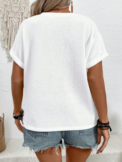 VCAY CURVE New Plus Size Women Casual Loose V-Neck Button Short Sleeve T-Shirt