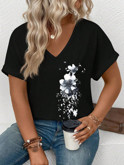 VCAY CURVE Women's Casual V-Neck Short Sleeve Cuff Ink Floral Print Plus Size T-Shirt