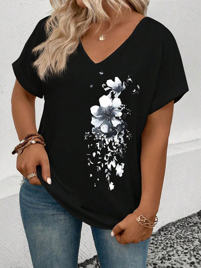 VCAY CURVE Women's Casual V-Neck Short Sleeve Cuff Ink Floral Print Plus Size T-Shirt