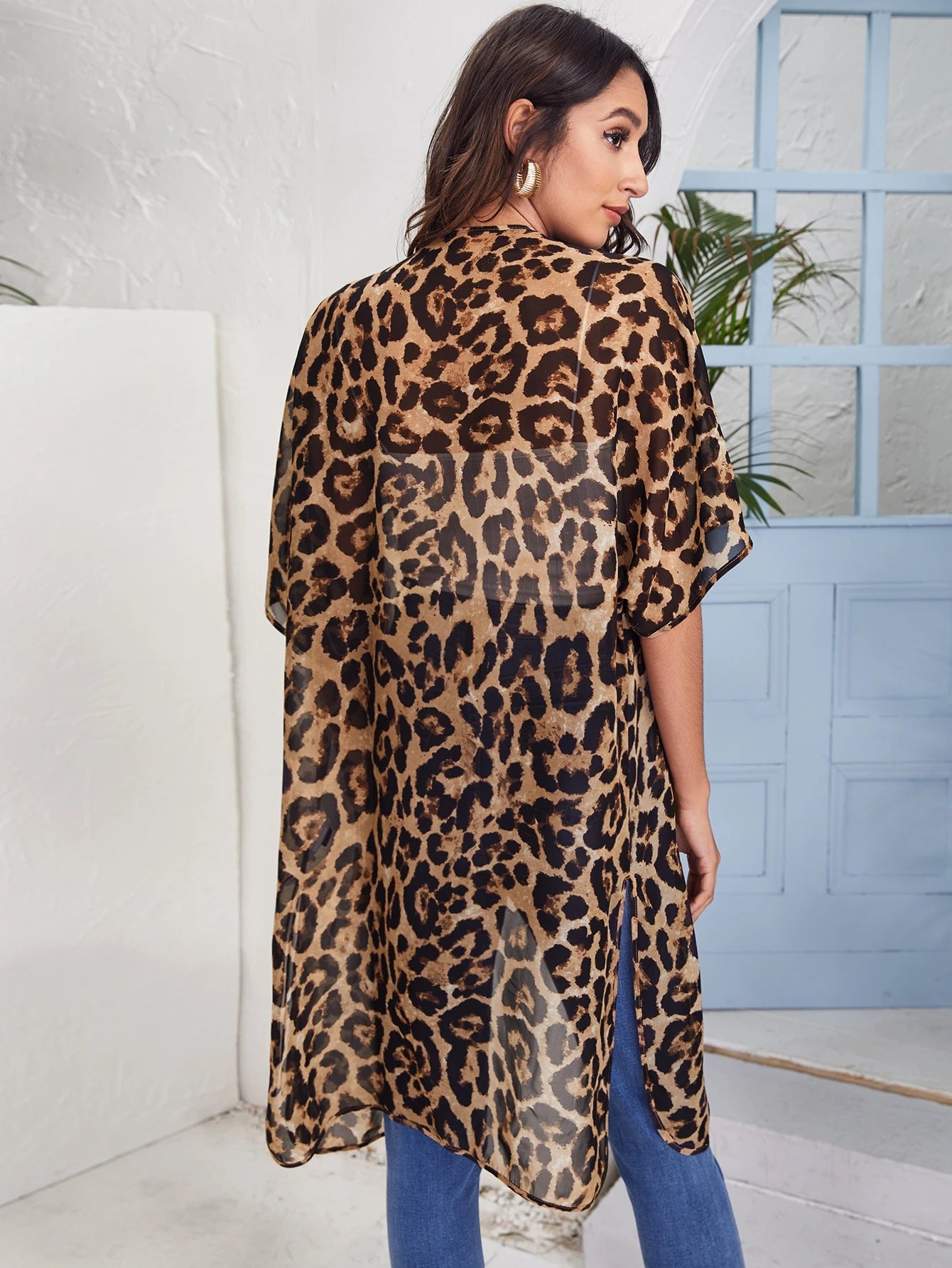 VCAY Open Front Split Hem Leopard Chiffon Kimono Summer