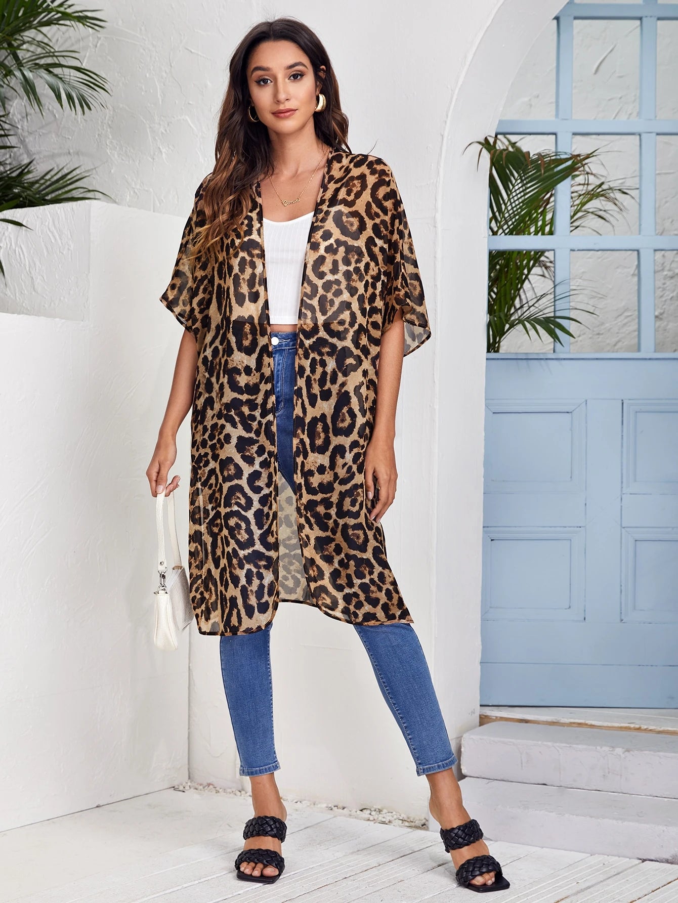 VCAY Open Front Split Hem Leopard Chiffon Kimono Summer