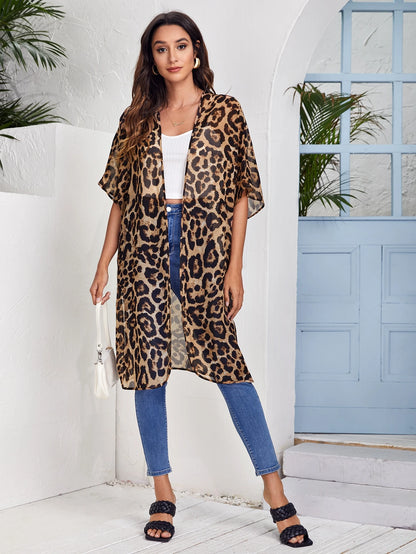 VCAY Open Front Split Hem Leopard Chiffon Kimono Summer