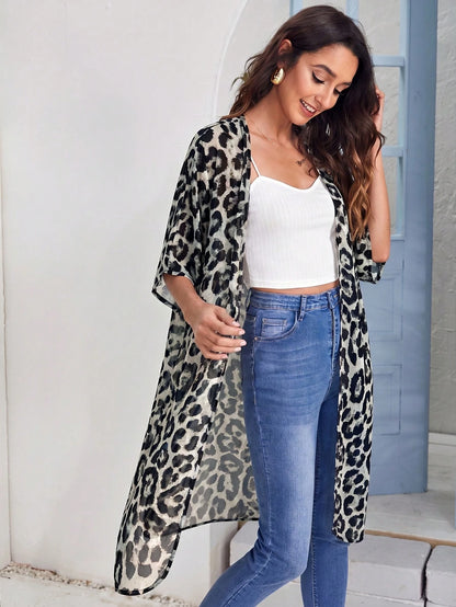 VCAY Open Front Split Hem Leopard Chiffon Kimono Summer