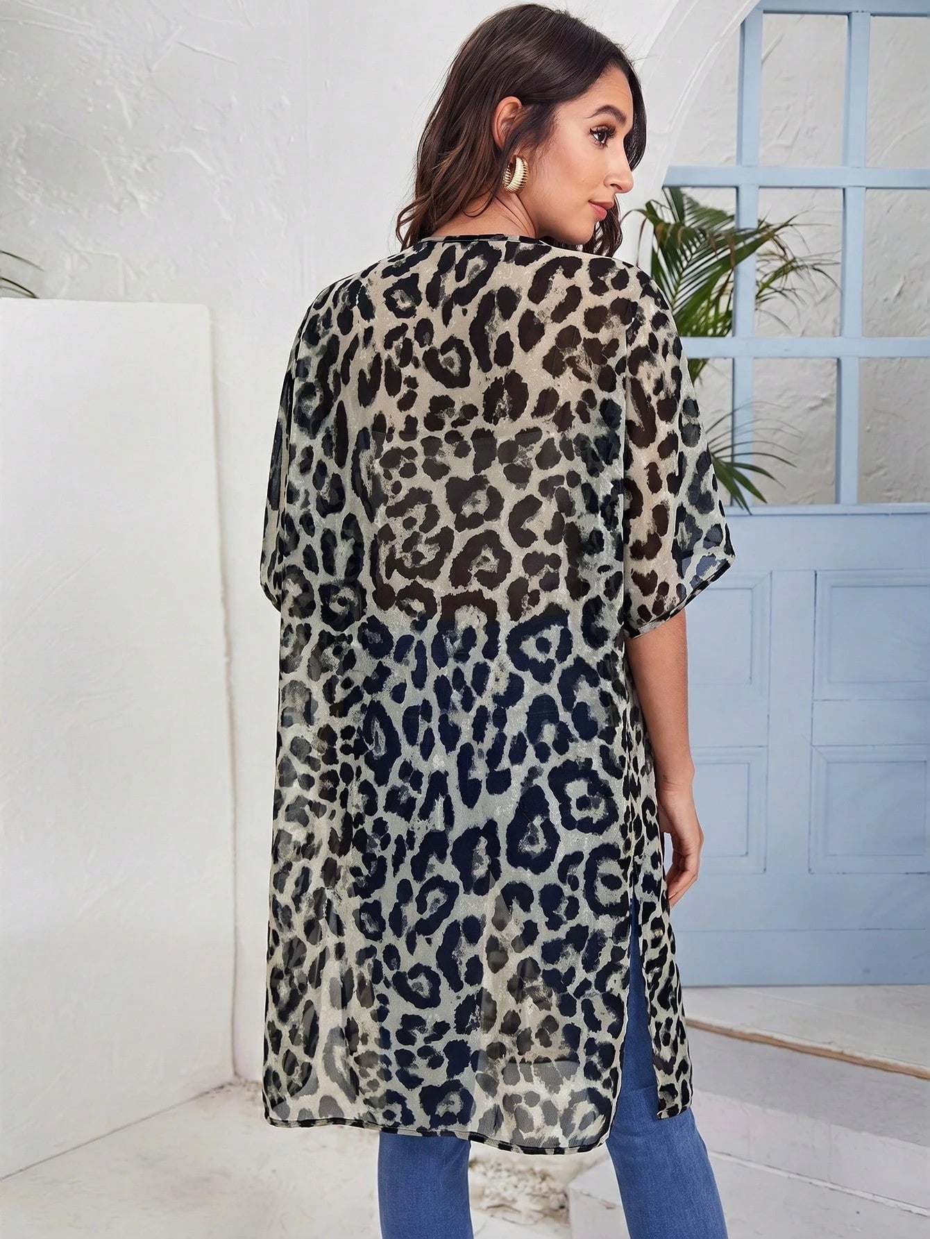 VCAY Open Front Split Hem Leopard Chiffon Kimono Summer