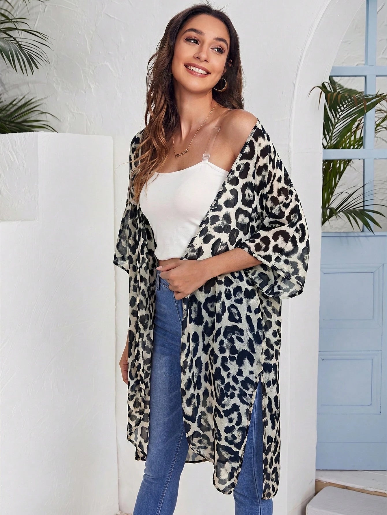 VCAY Open Front Split Hem Leopard Chiffon Kimono Summer