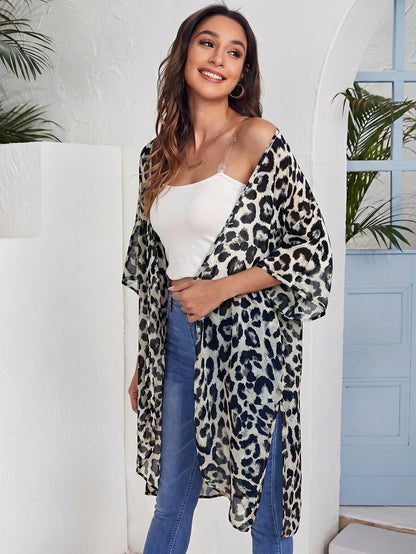 VCAY Open Front Split Hem Leopard Chiffon Kimono Summer