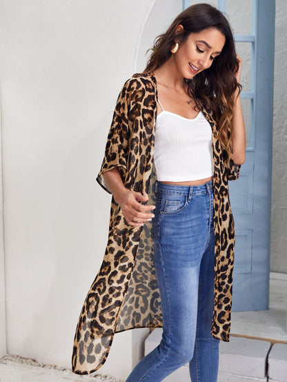 VCAY Open Front Split Hem Leopard Chiffon Kimono Summer