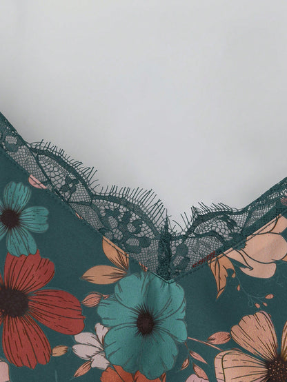 VCAY Plus Size Contrast Lace Color Floral Print Cami Top, Elegant Boho Top For Vacation, Dating, Party, Fashion Vintage Teal