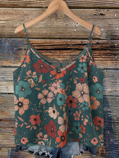 VCAY Plus Size Contrast Lace Color Floral Print Cami Top, Elegant Boho Top For Vacation, Dating, Party, Fashion Vintage Teal