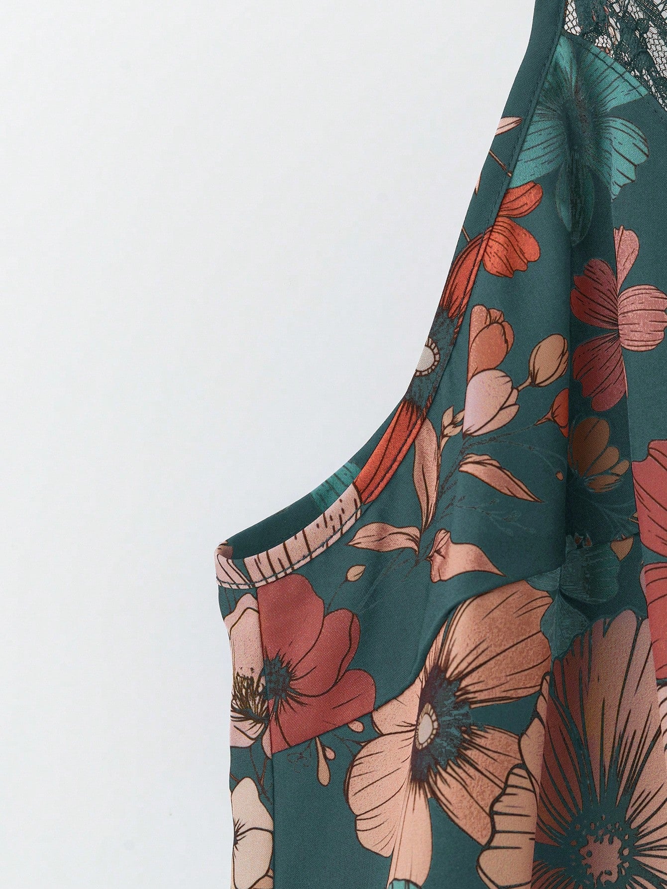VCAY Plus Size Contrast Lace Color Floral Print Cami Top, Elegant Boho Top For Vacation, Dating, Party, Fashion Vintage Teal