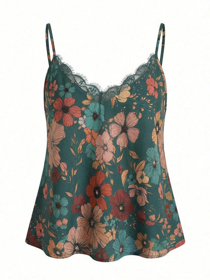 VCAY Plus Size Contrast Lace Color Floral Print Cami Top, Elegant Boho Top For Vacation, Dating, Party, Fashion Vintage Teal