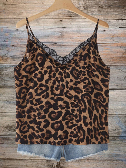 VCAY Plus Size Contrast Lace Color Floral Print Cami Top, Elegant Boho Top For Vacation, Dating, Party, Fashion Vintage Teal