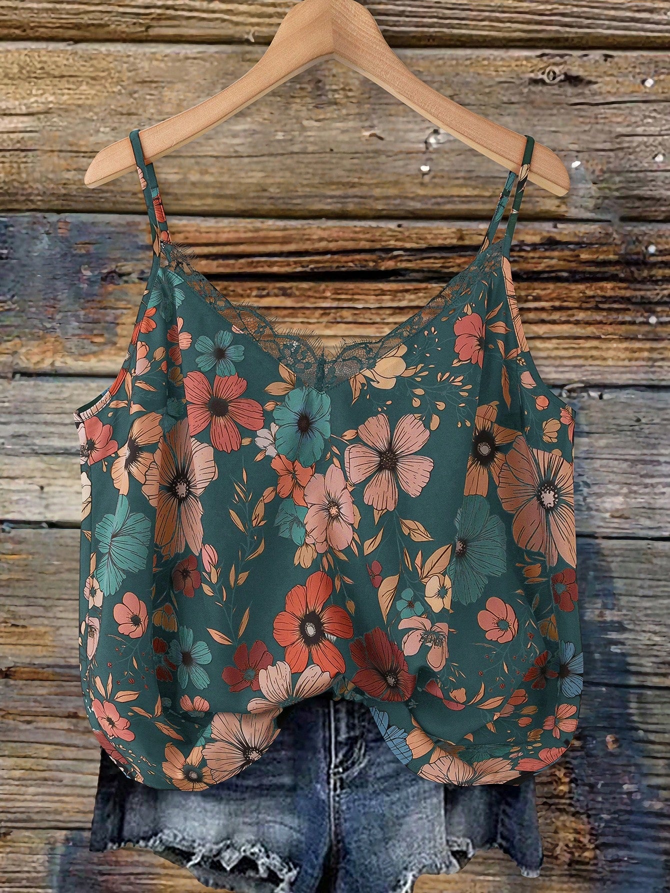 VCAY Plus Size Contrast Lace Color Floral Print Cami Top, Elegant Boho Top For Vacation, Dating, Party, Fashion Vintage Teal