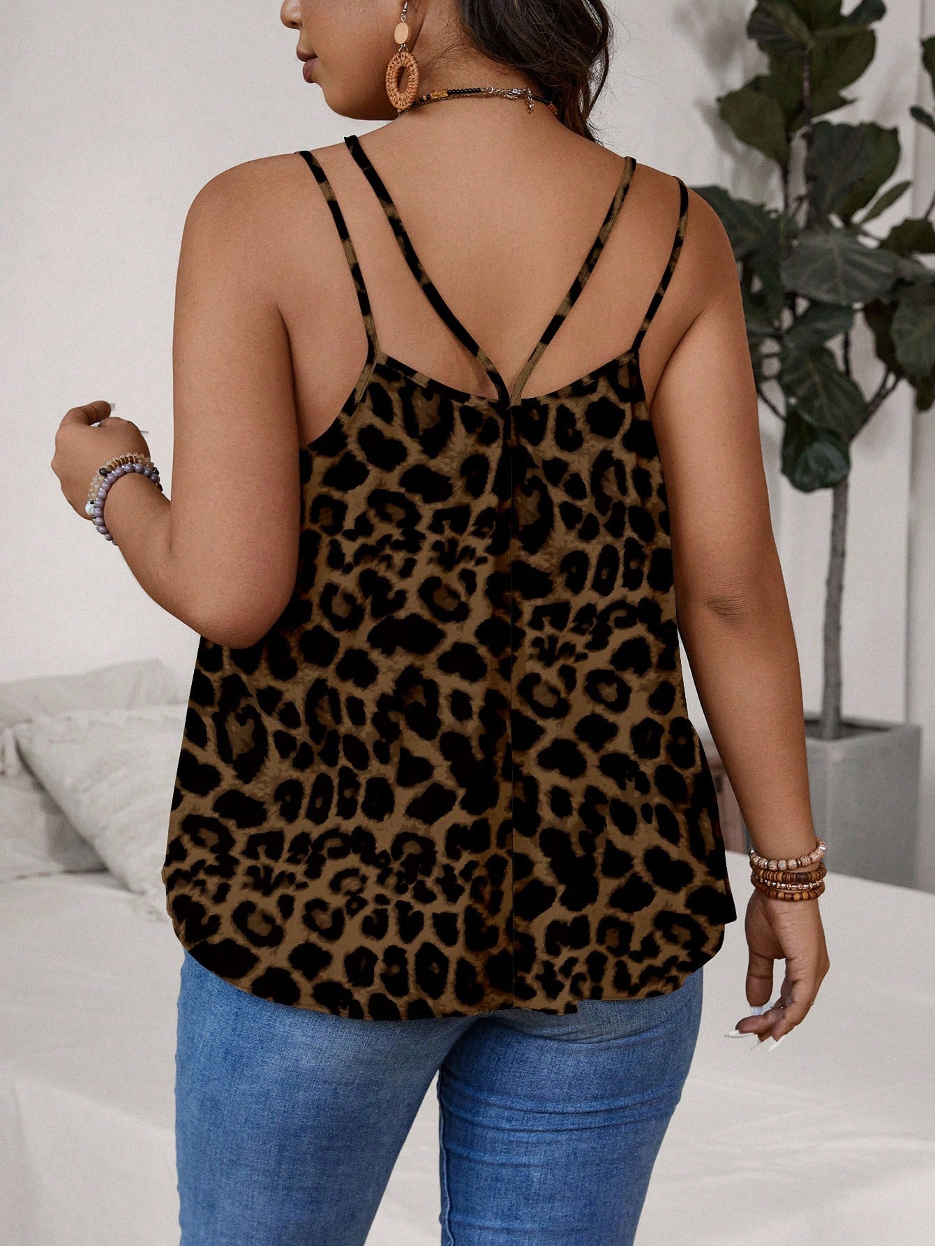 VCAY Plus Size Leopard Print Double Strap Vacation Tank Top Summer Fashion New Arrival, French Style Women Top, Bell Sleeves, Party Vacation, White