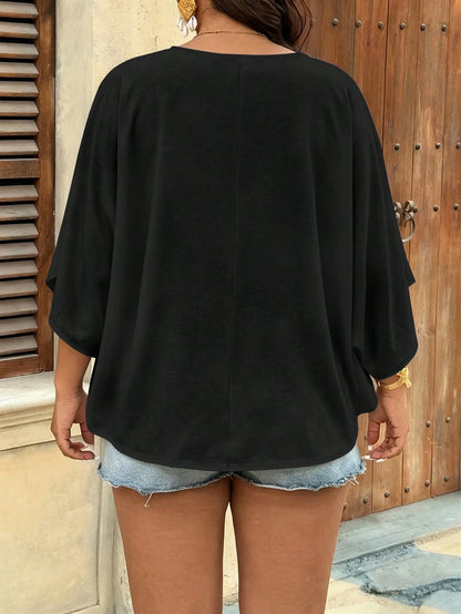 VCAY Plus Size Vacation Casual Elegant Floral Print V-Neck Shirt Suitable For Autumn Vacation Black Fall Vacation Vacation Black Vacation