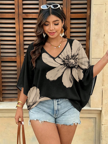 VCAY Plus Size Vacation Casual Elegant Floral Print V-Neck Shirt Suitable For Autumn Vacation Black Fall Vacation Vacation Black Vacation