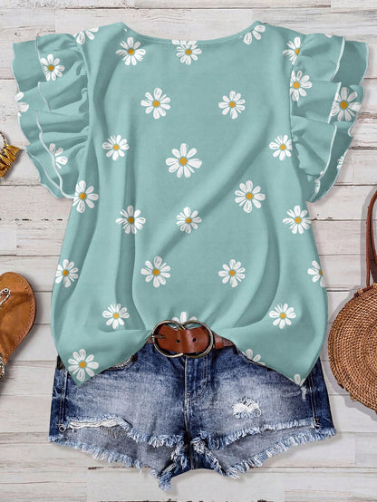 VCAY Plus Size Women's Round Neck Floral Print Casual Versatile Everyday Outing Blouse