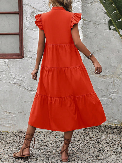VCAY Women's Summer Casual Vacation Style Solid Color Notched Neck Ruffle Armhole Tiered Hem Loose Dress
