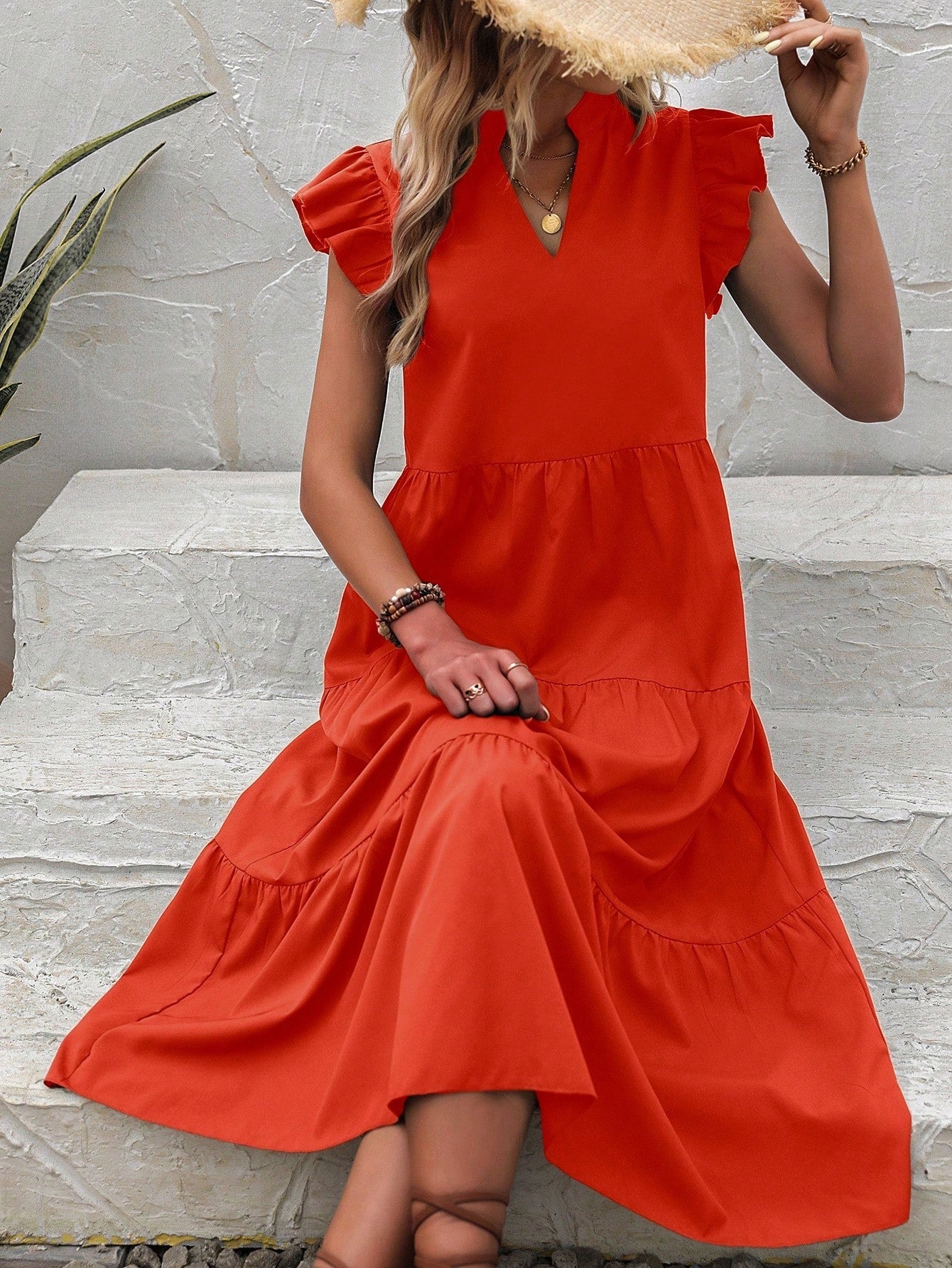 VCAY Women's Summer Casual Vacation Style Solid Color Notched Neck Ruffle Armhole Tiered Hem Loose Dress
