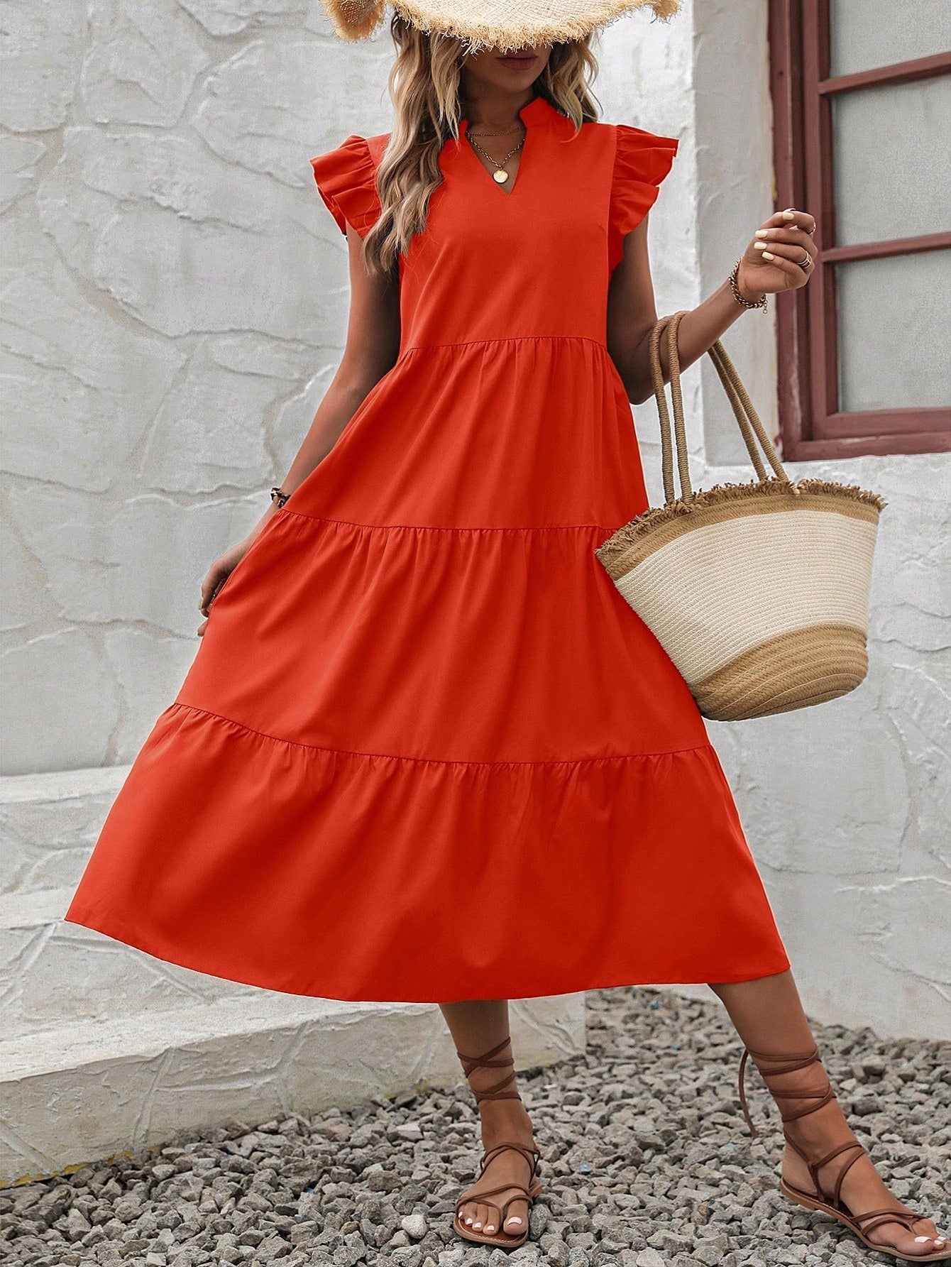 VCAY Women's Summer Casual Vacation Style Solid Color Notched Neck Ruffle Armhole Tiered Hem Loose Dress