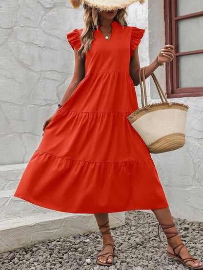 VCAY Women's Summer Casual Vacation Style Solid Color Notched Neck Ruffle Armhole Tiered Hem Loose Dress