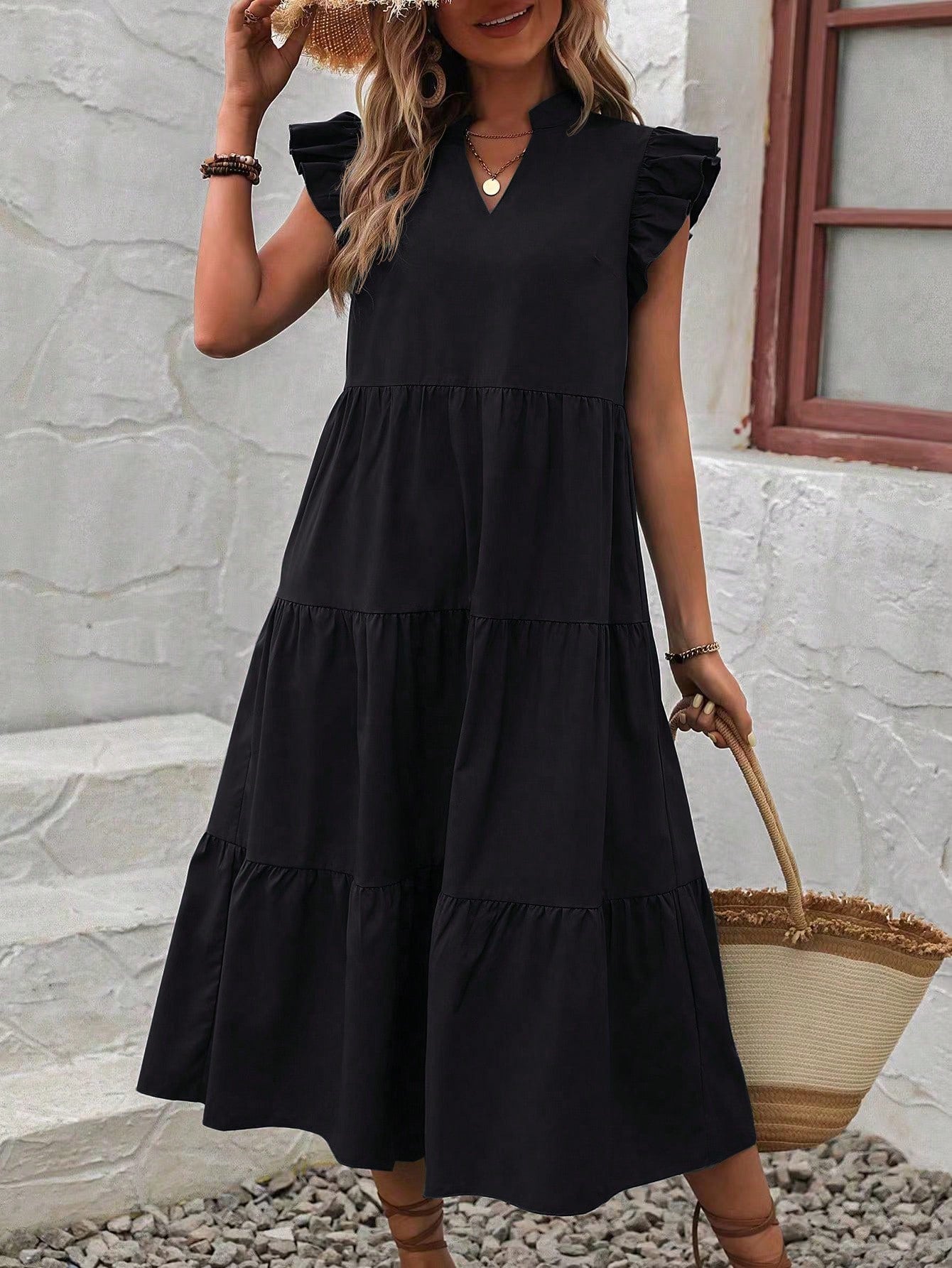 VCAY Women's Summer Casual Vacation Style Solid Color Notched Neck Ruffle Armhole Tiered Hem Loose Dress