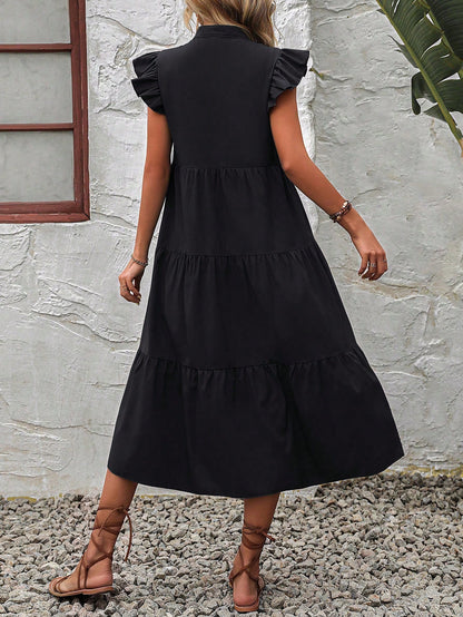VCAY Women's Summer Casual Vacation Style Solid Color Notched Neck Ruffle Armhole Tiered Hem Loose Dress