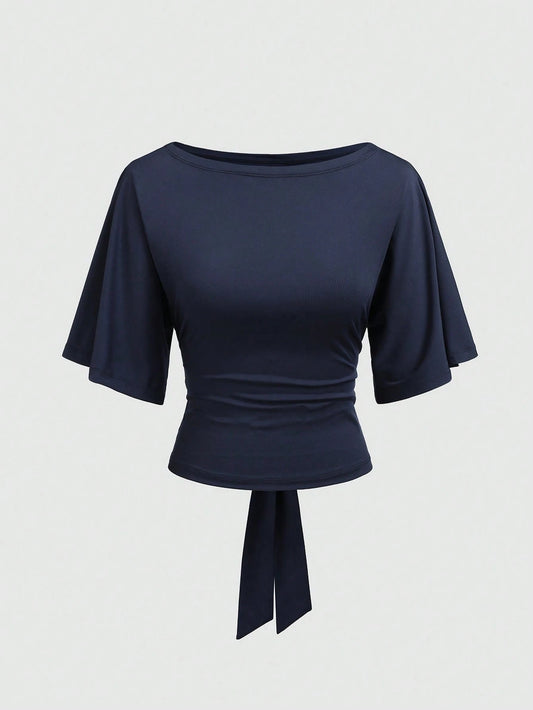 Vela Rue Waist Tie Bow Plus Size Solid Color Batwing Sleeve Boat Neck Fitted Knit Elastic Navy Blue T-Shirt For Commuting, Teacher's Day Casual Summer