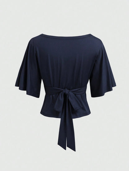 Vela Rue Waist Tie Bow Plus Size Solid Color Batwing Sleeve Boat Neck Fitted Knit Elastic Navy Blue T-Shirt For Commuting, Teacher's Day Casual Summer