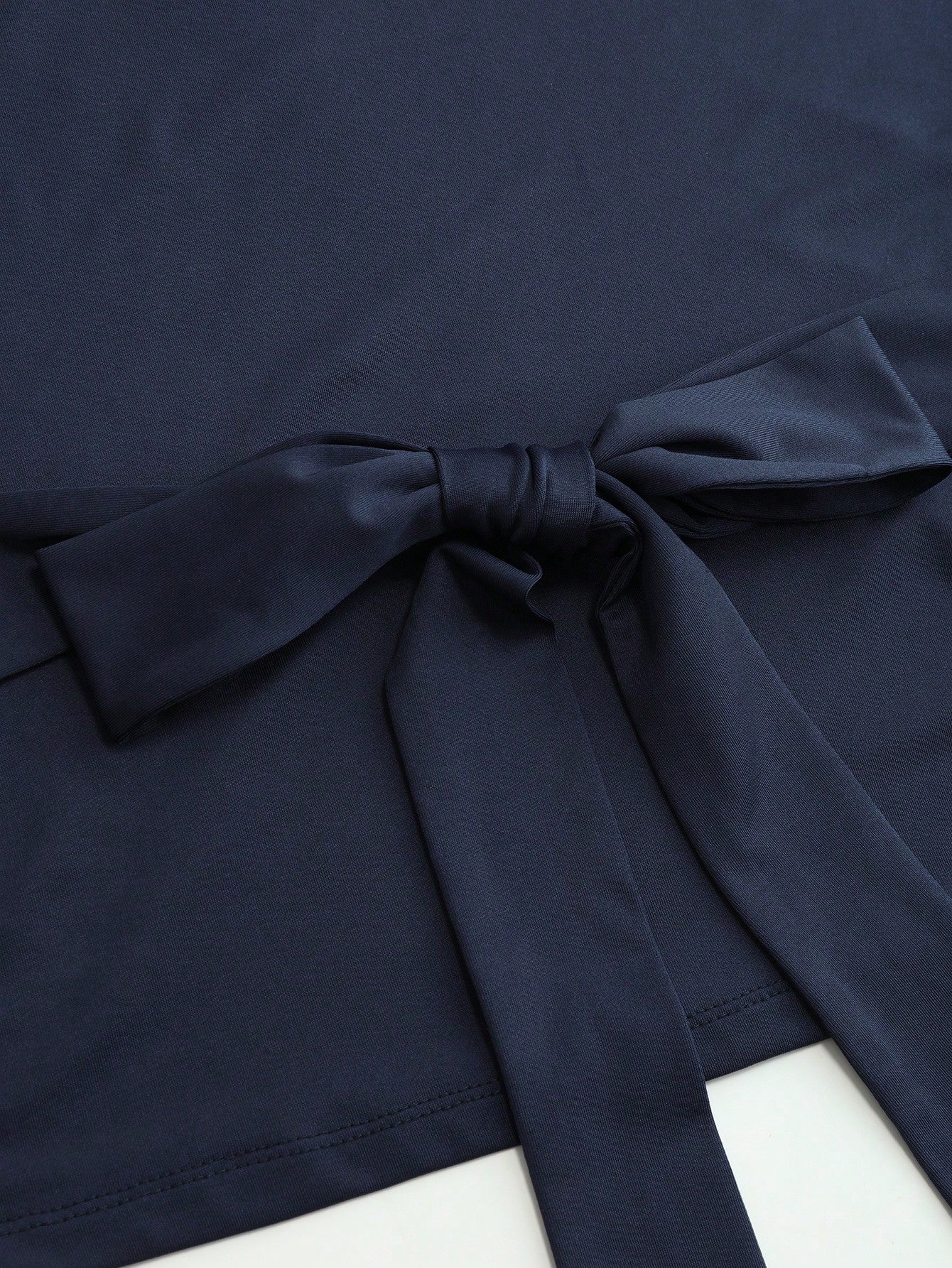 Vela Rue Waist Tie Bow Plus Size Solid Color Batwing Sleeve Boat Neck Fitted Knit Elastic Navy Blue T-Shirt For Commuting, Teacher's Day Casual Summer