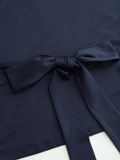 Vela Rue Waist Tie Bow Plus Size Solid Color Batwing Sleeve Boat Neck Fitted Knit Elastic Navy Blue T-Shirt For Commuting, Teacher's Day Casual Summer