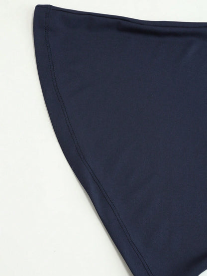 Vela Rue Waist Tie Bow Plus Size Solid Color Batwing Sleeve Boat Neck Fitted Knit Elastic Navy Blue T-Shirt For Commuting, Teacher's Day Casual Summer
