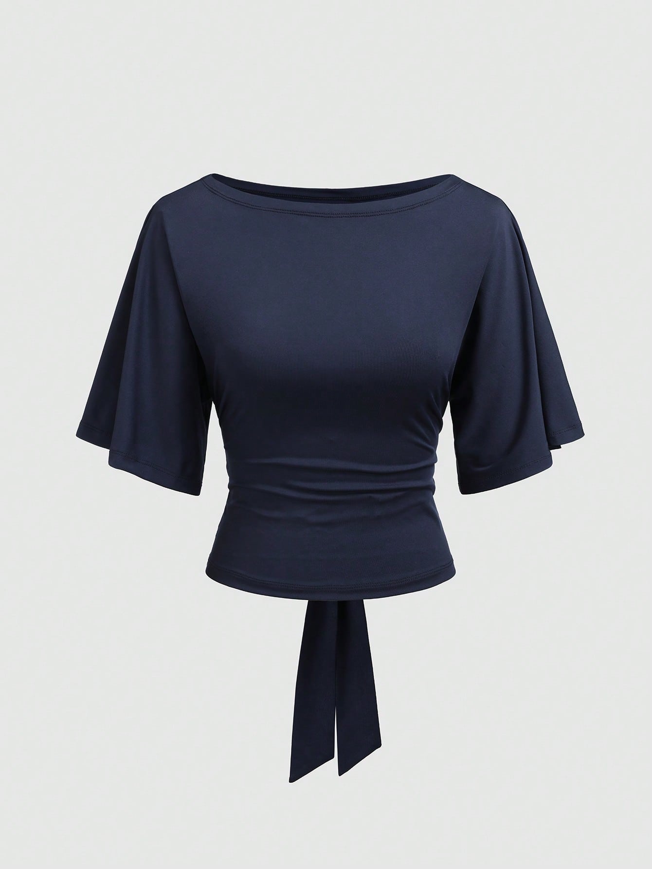 Vela Rue Waist Tie Bow Plus Size Solid Color Batwing Sleeve Boat Neck Fitted Knit Elastic Navy Blue T-Shirt For Commuting, Teacher's Day Casual Summer