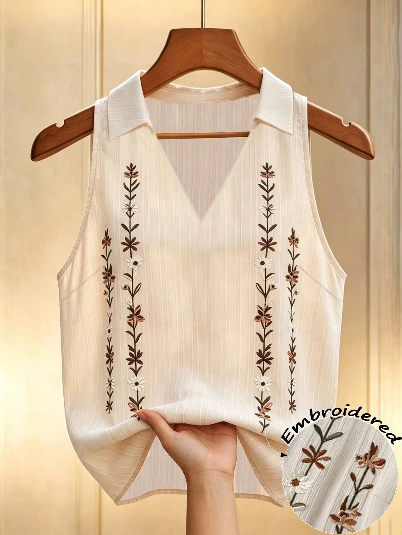 Velvienne Plus Size Women's Summer Casual Minimalist Sleeveless V-Neck Top, Featuring Fashionable Floral Embroidery, Elegant And Casual, Suitable For Daily Wear