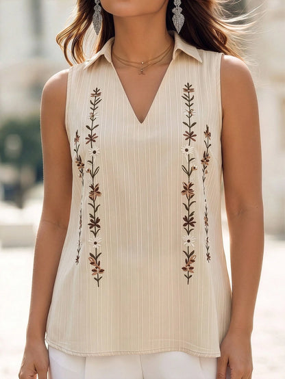 Velvienne Plus Size Women's Summer Casual Minimalist Sleeveless V-Neck Top, Featuring Fashionable Floral Embroidery, Elegant And Casual, Suitable For Daily Wear