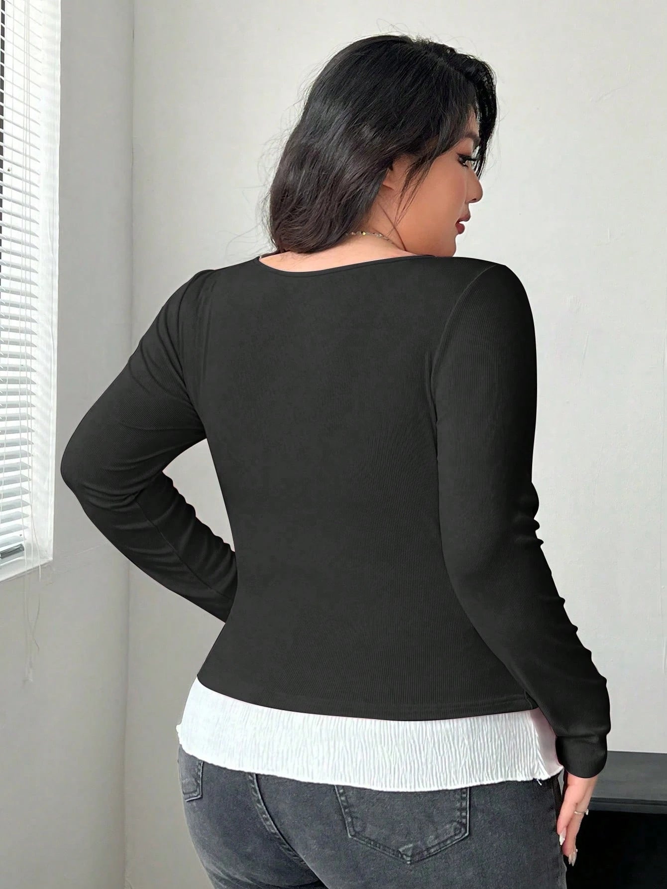 Vibekara Plus Size Black And White Top, Sexy Curvy Top For Women, Long Sleeve Ribbed Knit Shirt With Ruffle Trim And Tie Detail Fall Cloth For Women